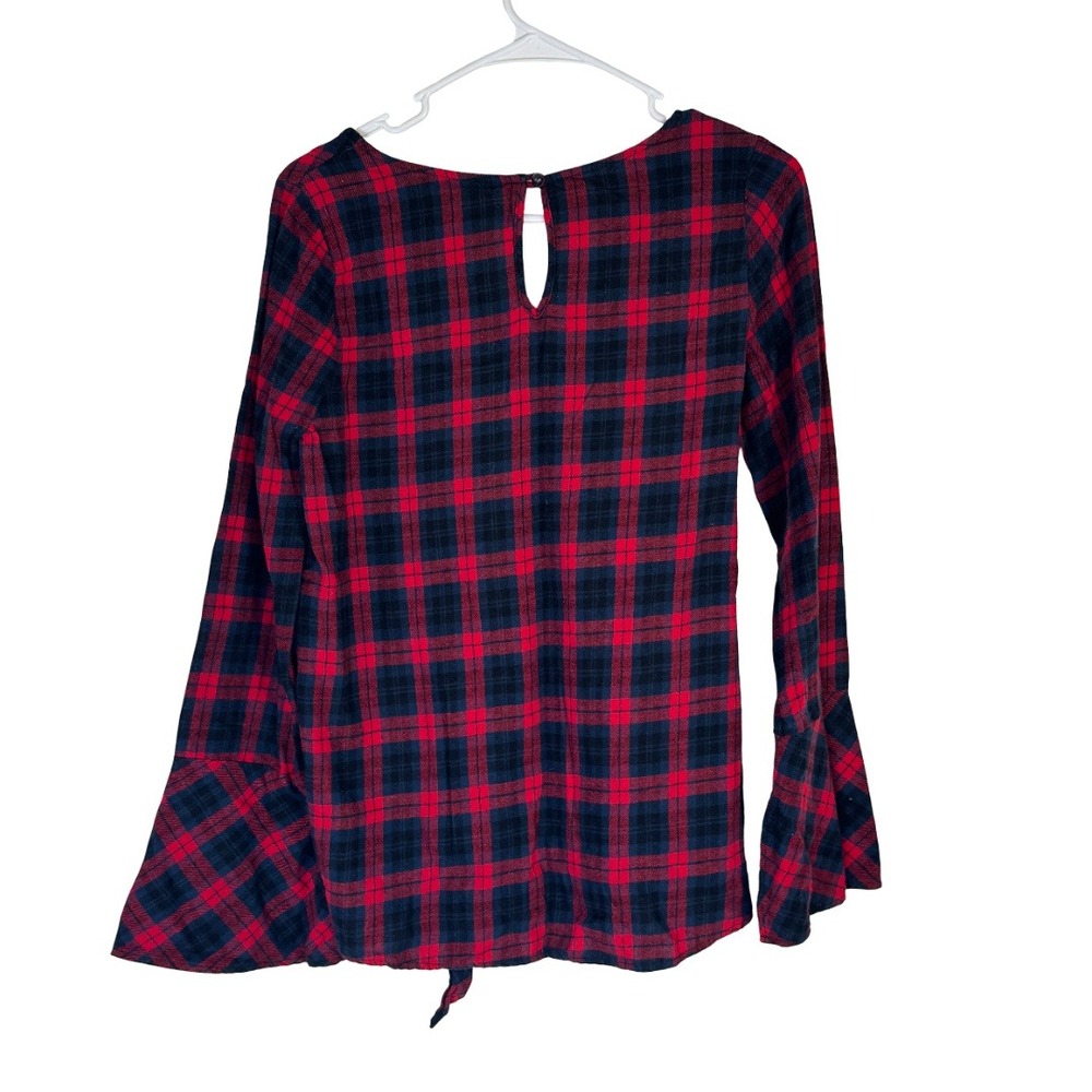 Yellow Star Plaid Top Womens Small Red Blue Bell Sleeve Tie Front V-Neck T17035